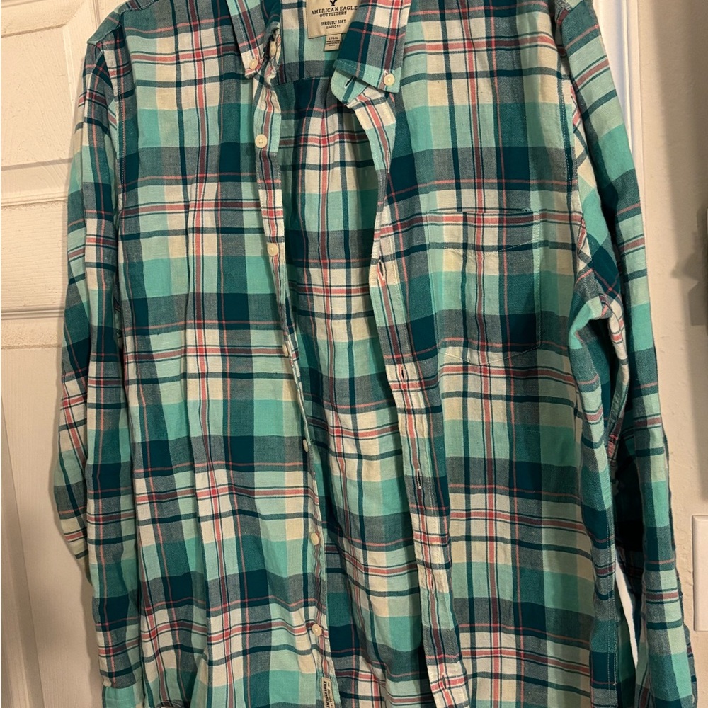 American Eagle Outfitters Blue and Green Casual Button Down Shirt